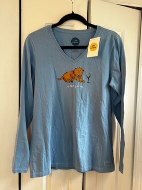 NWT Life Is Good V-Neck Long-Sleeve Tee with Dog & Wine Graphic